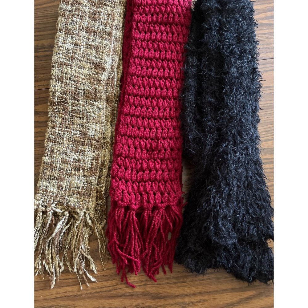 Set of three black, red, tan cream winter scarves